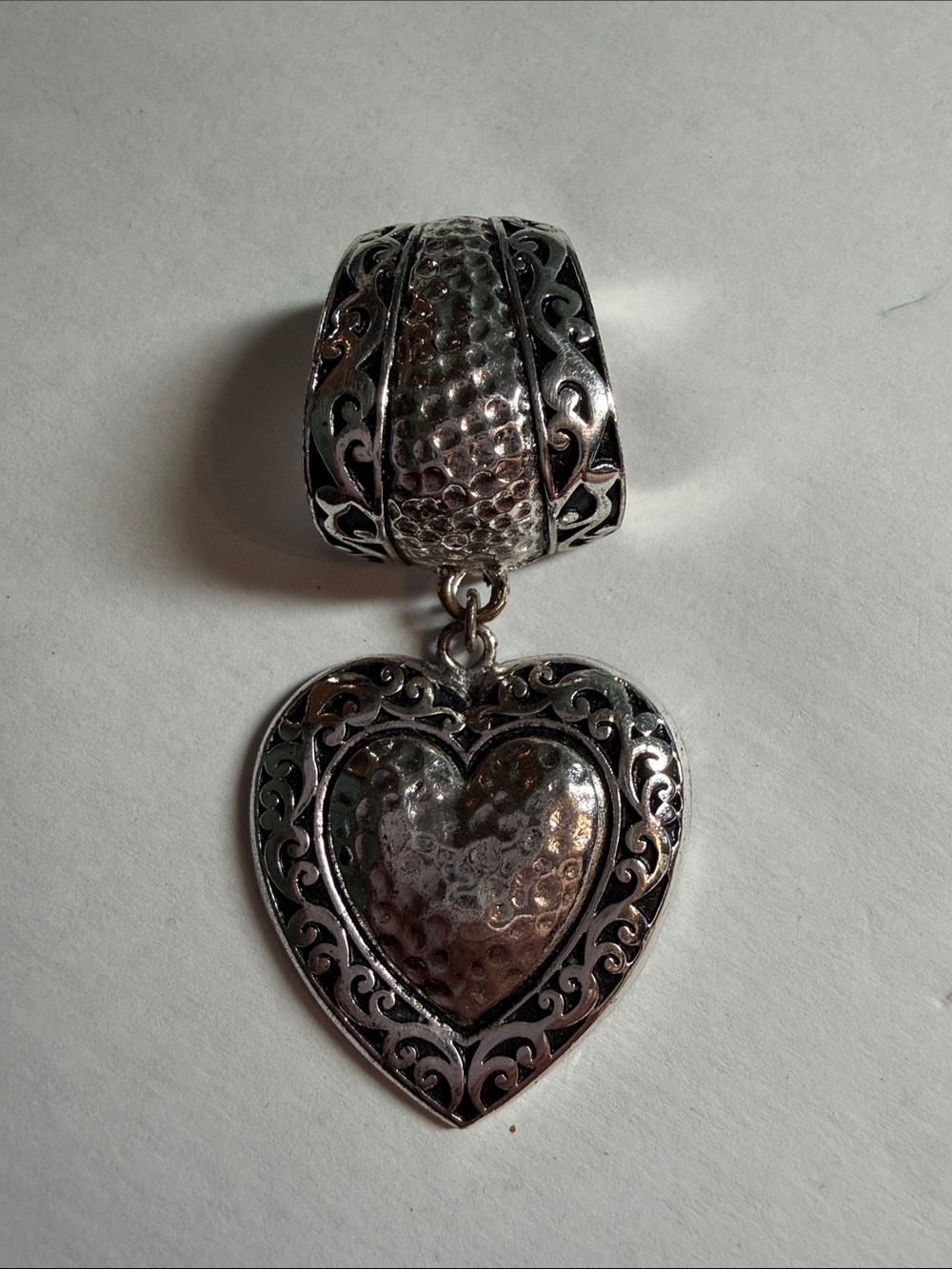 Vintage Hammered Heart Filigree scarf Pendant Charm in Silver Tone